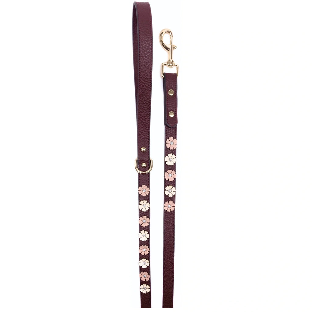 Burgundy - Gold - Deri Köpek Gezdirme Kayışı