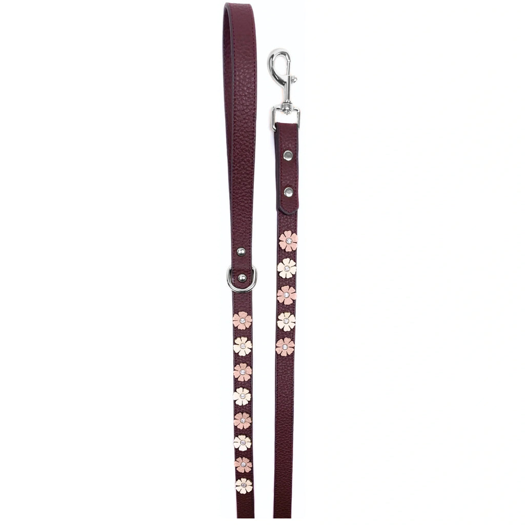 Burgundy - Silver - Deri Köpek Gezdirme Kayışı