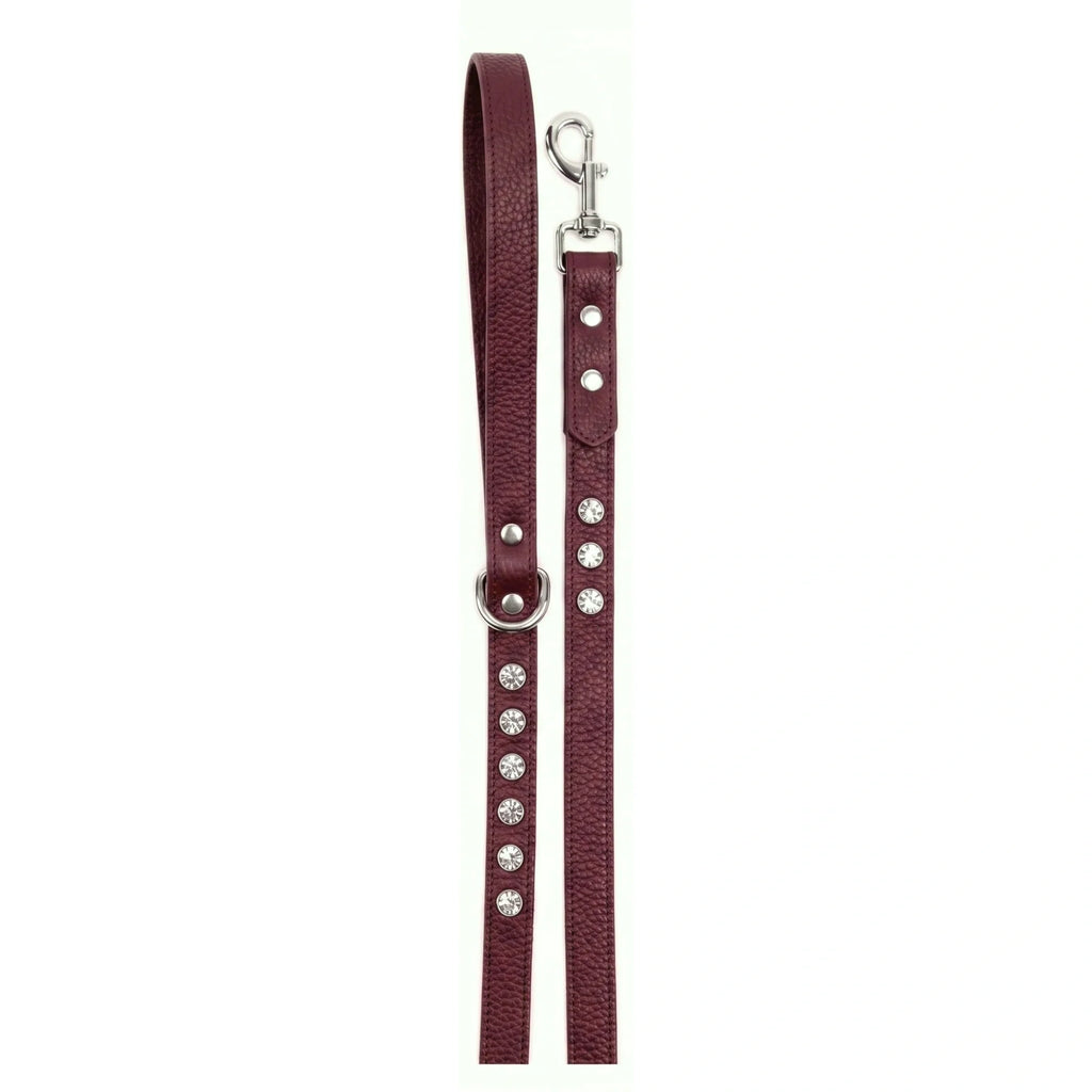 Burgundy - Silver - deri köpek gezdirme kayışı
